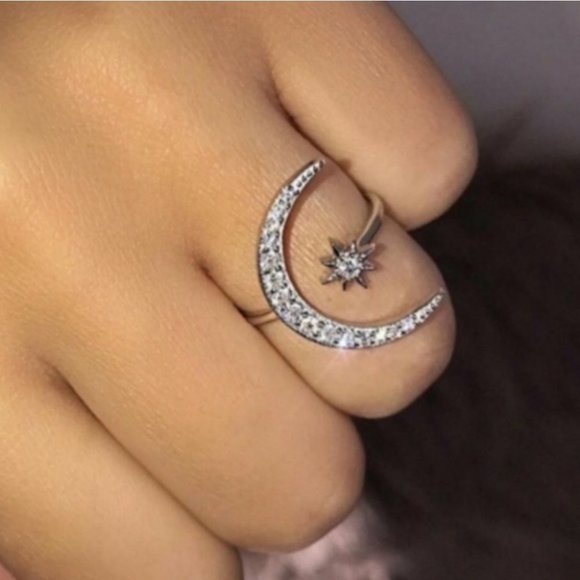 Jewelry - NOWT Silver Crescent Moon & Star Resizeable  Ring